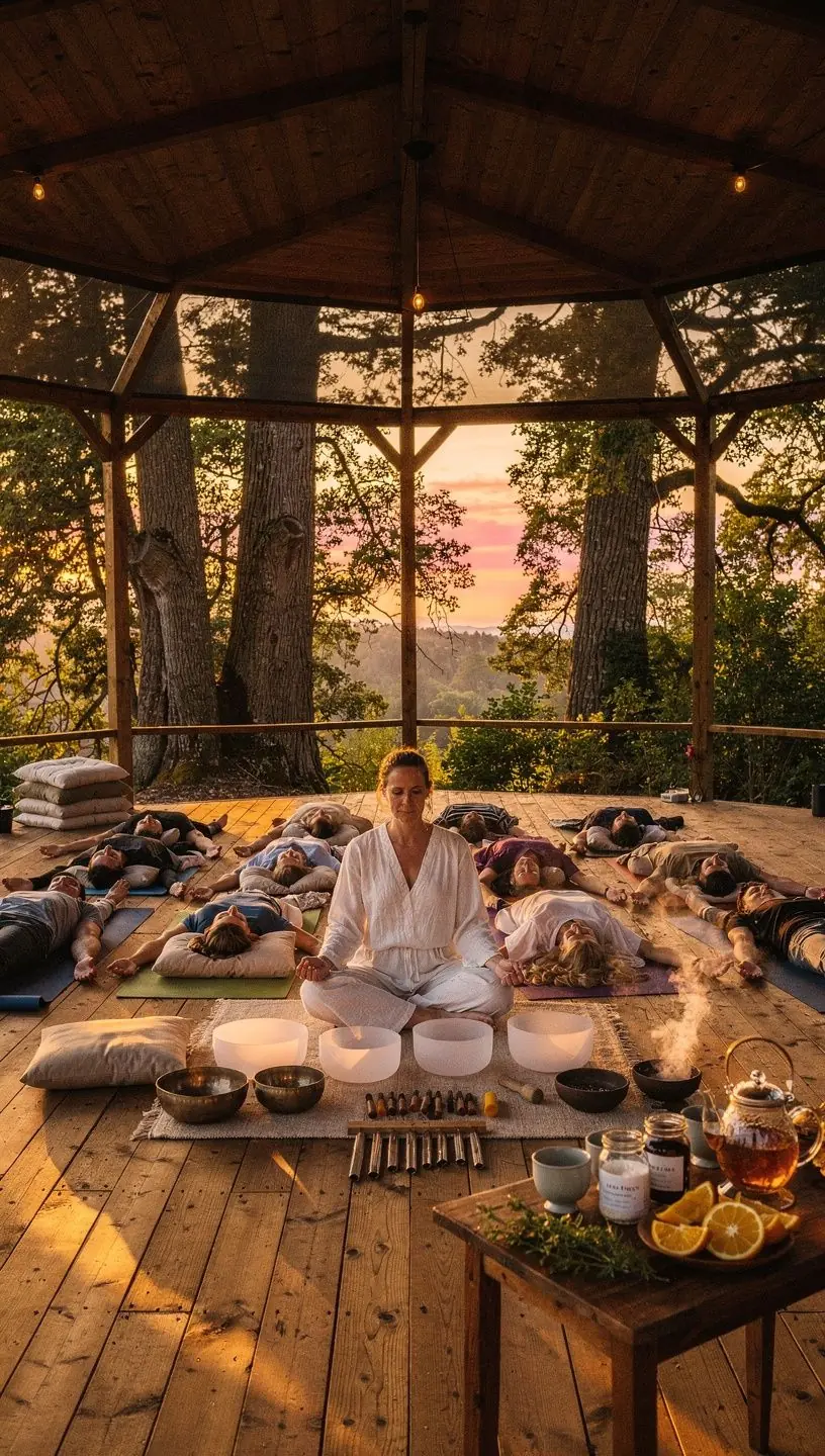 Persona practicando yoga en una playa española durante el atardecer, simbolizando paz y bienestar.