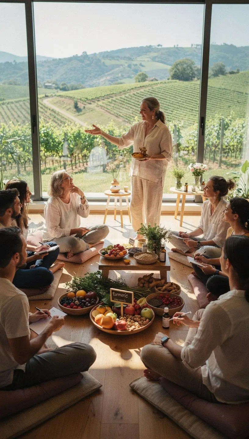 Grupo de participantes disfrutando de una sesión de meditación en un jardín tranquilo, rodeados de naturaleza.