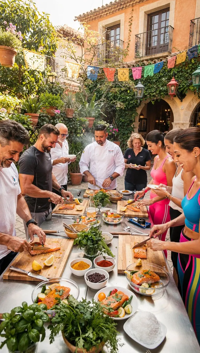 Mesa dispuesta con alimentos saludables y bebidas energéticas, lista para una comida nutritiva post-entrenamiento.