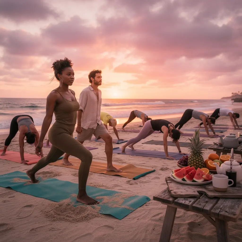 Participantes disfrutando de una clase de yoga en un entorno sereno y saludable.